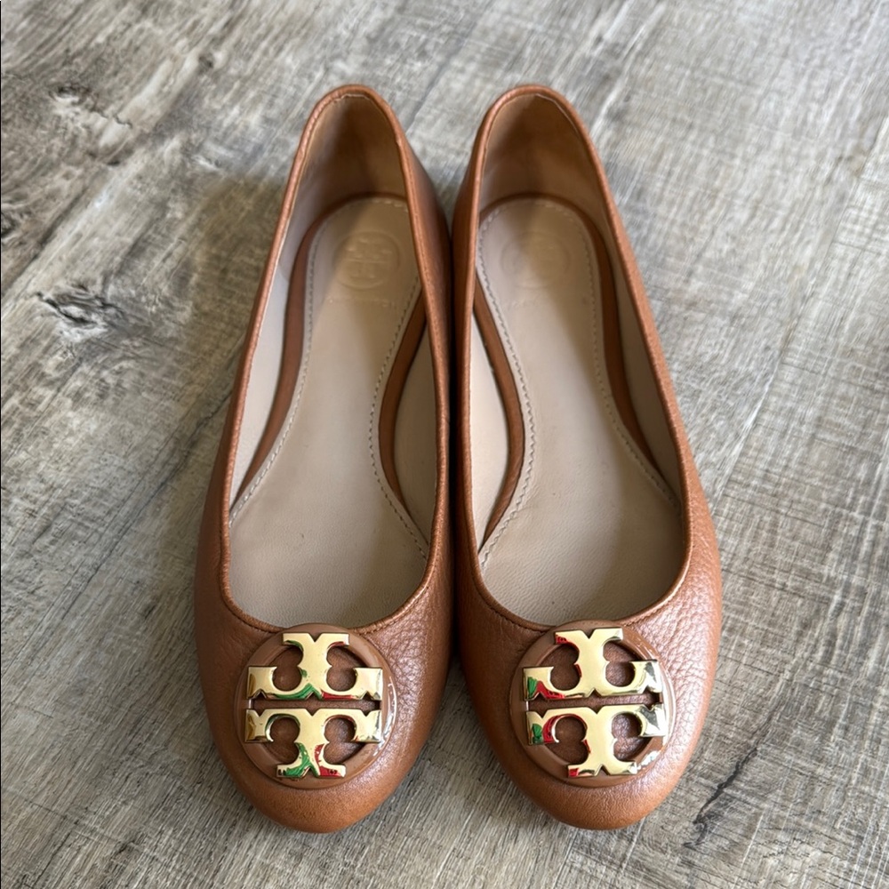 Tory Burch Tan Leather Flats with Gold Logo